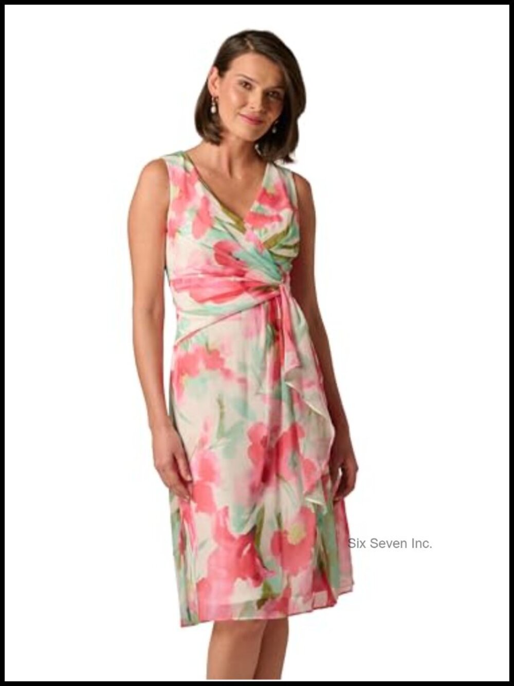Draped Chiffon Midi Dress Twist Knot Floral V-Neck